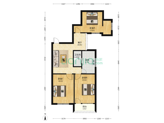 福州市展览馆宿舍 3室1厅1卫 99平方