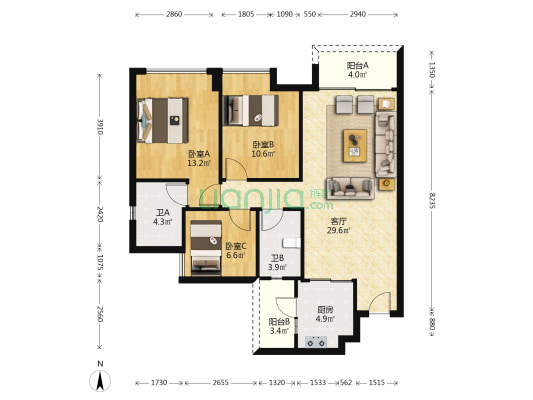 泷景六期汇景峰 3室1厅2卫 94平方