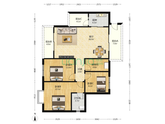 综保和苑 3室1厅1卫 118平方