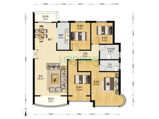 腾威城一号院 4室1厅2卫 157平方