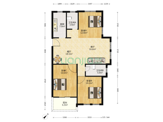 国际商贸区景佳花苑 3室2厅2卫 133平方