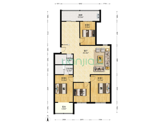 文兴苑北区 4室1厅2卫 133平方