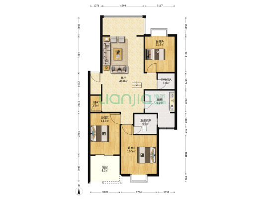 康桥水乡C区 3室1厅2卫 135平方