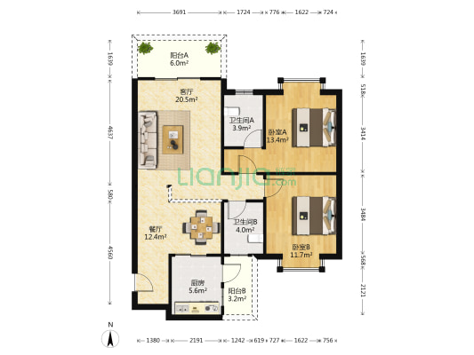 映月居 2室2厅2卫 95平方