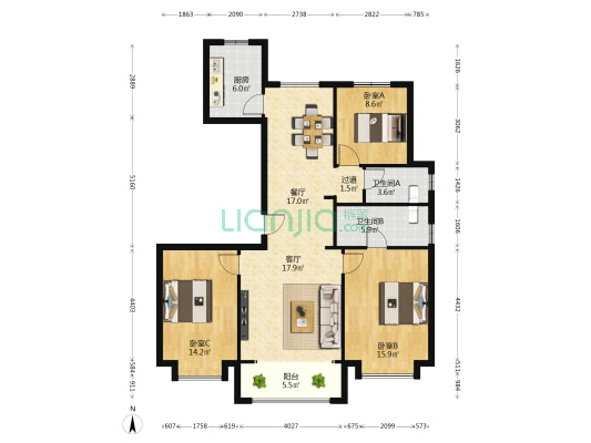 润江新华壹号 3室2厅2卫 139平方