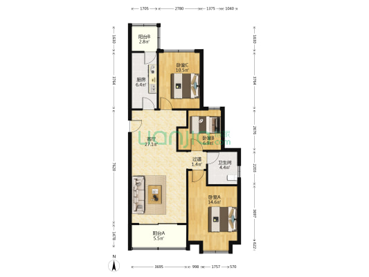 恒大滨河左岸西苑 3室1厅1卫 114平方
