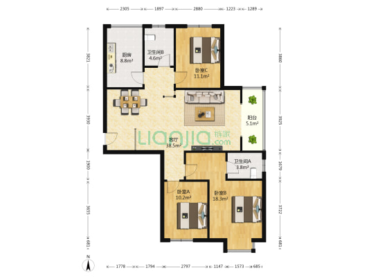 昆仑华府 3室1厅2卫 132平方