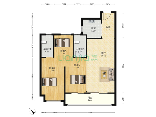 武汉润府 3室1厅2卫 125平方