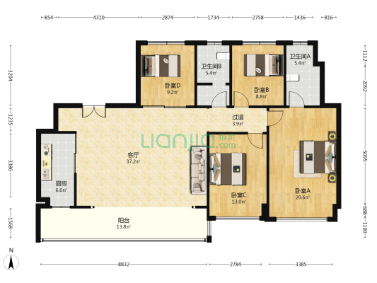 麓湖熙华天玺南区 4室1厅2卫 156平方