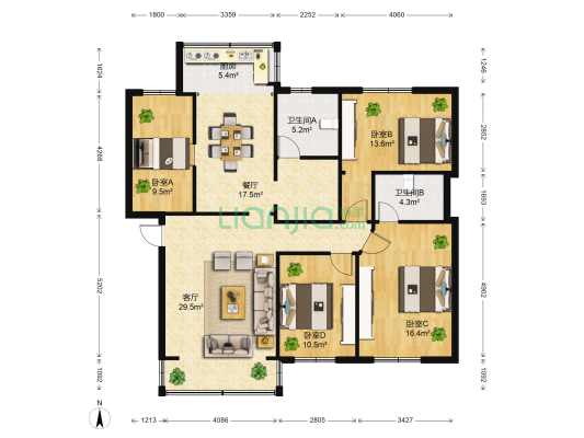 旺角商场AB区住宅 4室2厅2卫 140平方