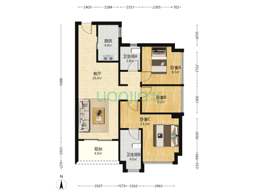 时代天逸 3室1厅2卫 88平方