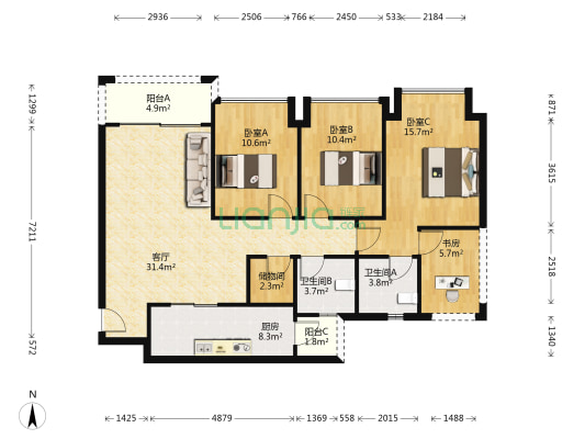 融汇半岛香缇卡纳二期 4室1厅2卫 109平方