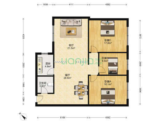 棠湖东路二段100号 3室2厅1卫 107平方