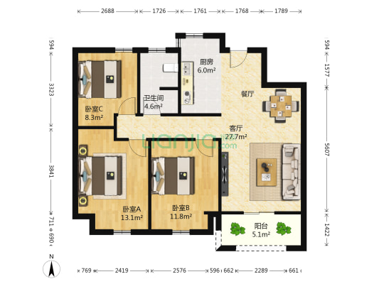 绿地梵顿公馆 3室1厅1卫 91平方