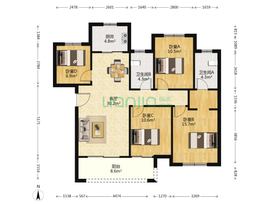 东原朗阅 4室1厅2卫 124平方