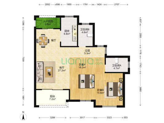 银湖花园 2室1厅2卫 127平方