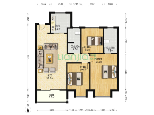金地风华国际 3室1厅2卫 126平方