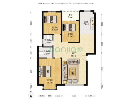 旭日华庭 3室1厅2卫 105平方