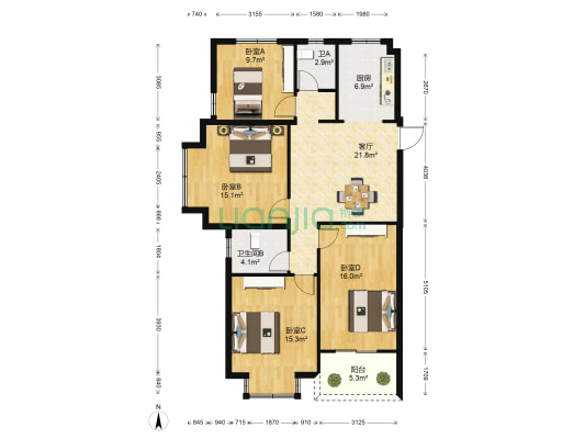 远洋万和四季 4室1厅2卫 113平方