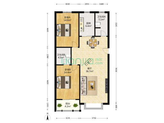 金缘居 2室1厅2卫 107平方