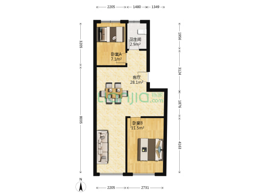 鸿福家园 2室1厅1卫 65平方