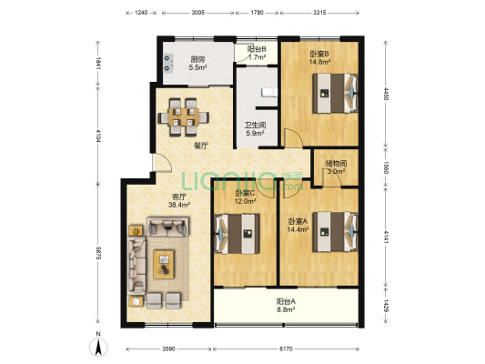 富邦铭邸 3室1厅1卫 134平方