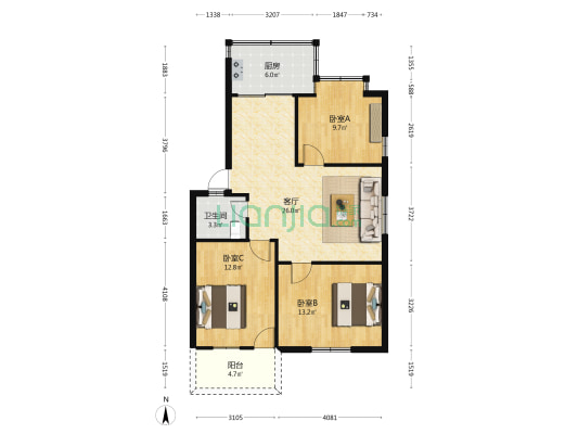 鼓屏路机关事务管理局单位宿舍 3室1厅1卫 91平方