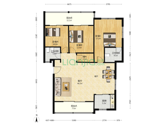 鸿福家园 3室1厅2卫 132平方