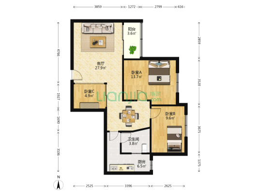 龙旺大厦 3室1厅1卫 91平方