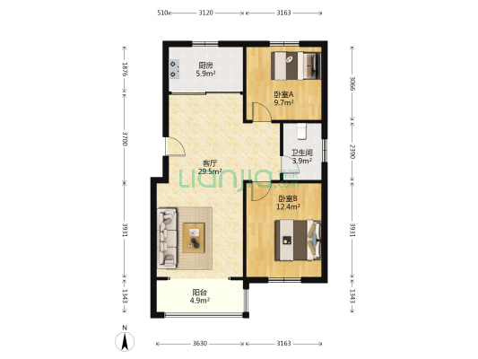 顺盛水岸绿城 2室1厅1卫 88平方