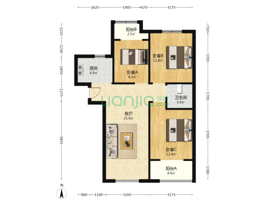 华庭广场 3室1厅1卫 105平方