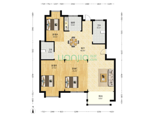 紫馨苑 3室1厅2卫 131平方