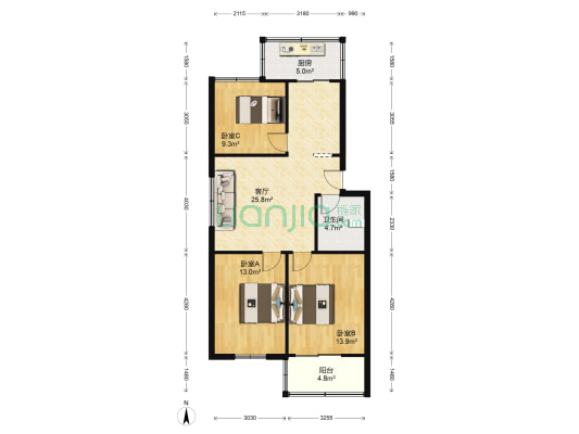 粮油宿舍 3室1厅1卫 95平方