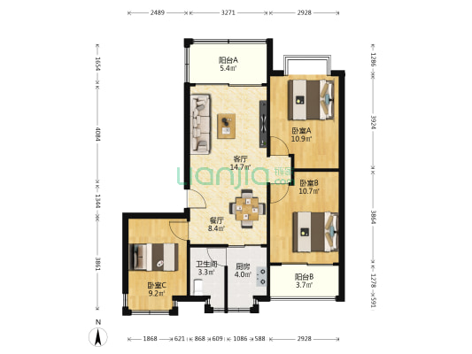 卓雅东苑 3室2厅1卫 88平方