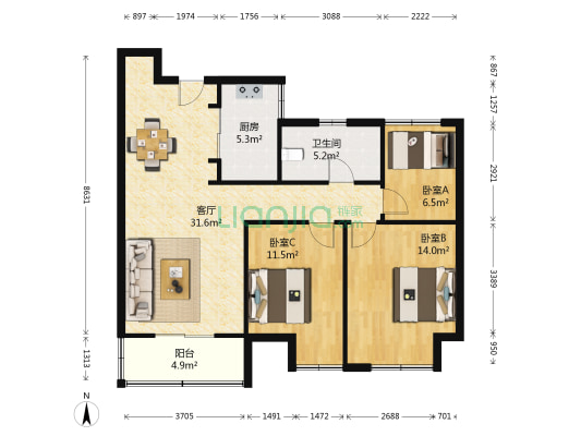 保利梧桐语花园 3室1厅1卫 87平方