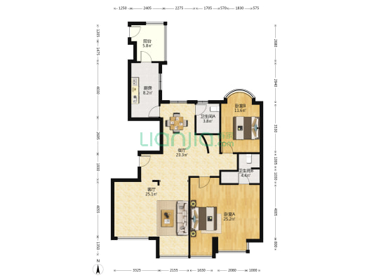阳光新城 2室2厅2卫 139平方