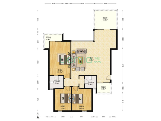 万科城市花园 3室1厅2卫 135平方