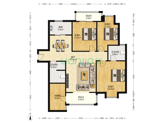 上河国际花园C区 3室1厅2卫 125平方