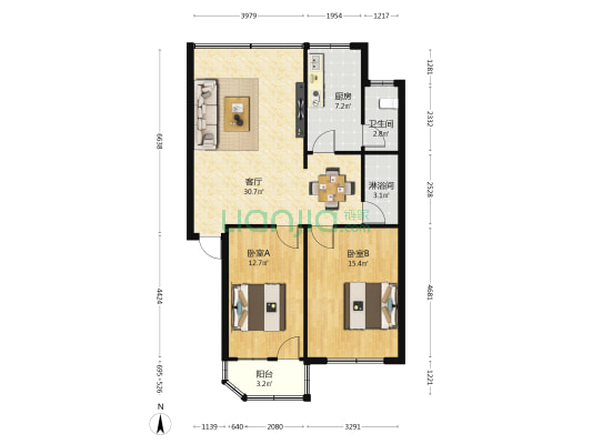 港东小区 2室1厅2卫 80平方