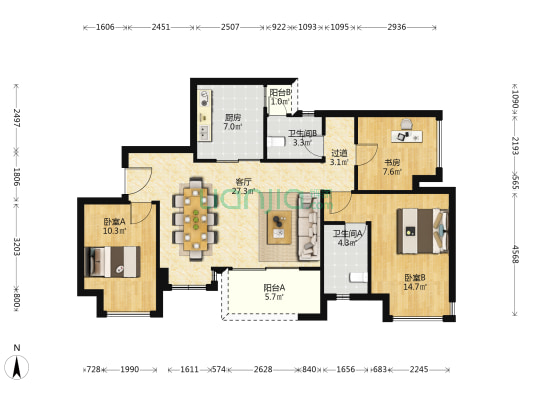 万科招商理想城晓月 3室1厅2卫 100平方