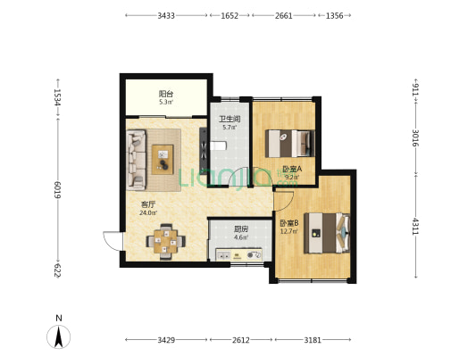 盛通港湾 2室1厅1卫 77平方