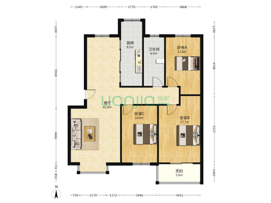 阳光康桥 3室1厅1卫 126平方