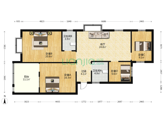 鑫福地公寓 4室1厅2卫 132平方