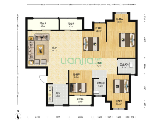 民发庞公别苑E区 4室1厅2卫 138平方