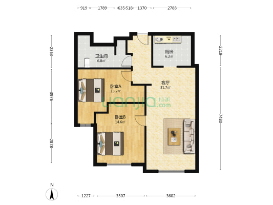 裕景中心 2室1厅1卫 111平方