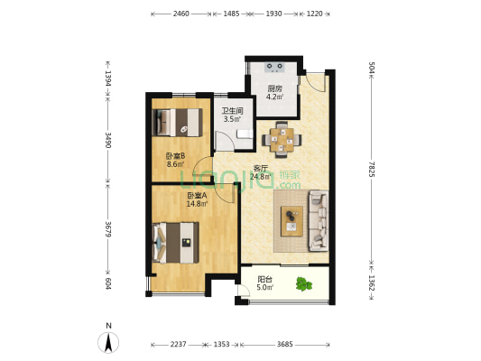 上湖名院 2室1厅1卫 78平方