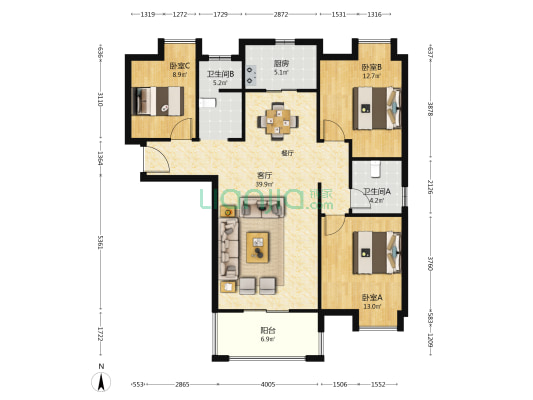 江夏府馨园 3室1厅2卫 132平方