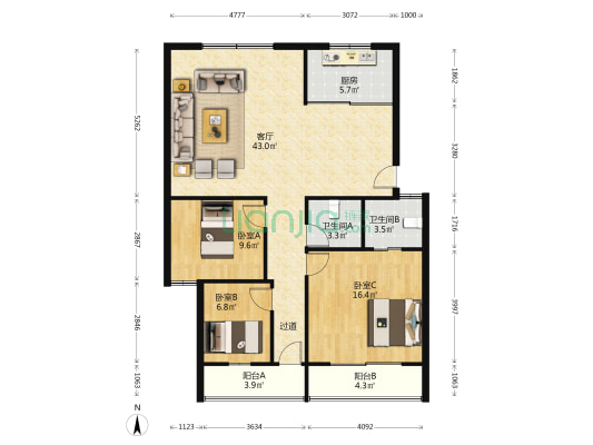 丽晶花园 3室1厅2卫 178平方
