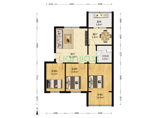 空港花园 3室2厅1卫 83平方