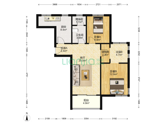 新华锦爱丁堡国际公寓 2室1厅2卫 91平方